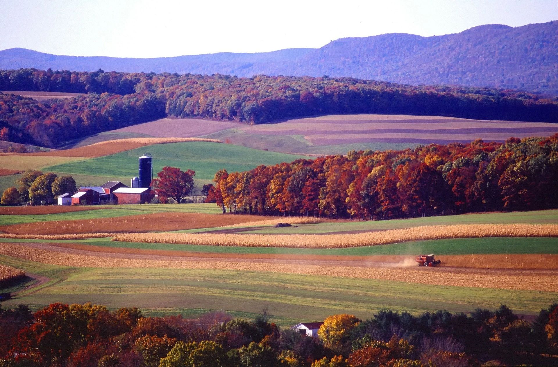 Autumn farmland with rolling hills and a distant farmstead